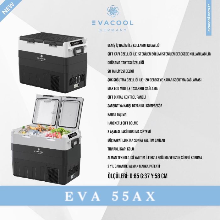 Evacool Germany EVA 55 AX çift kapak çift kontrol araç içi buzdolabı - Görsel 4